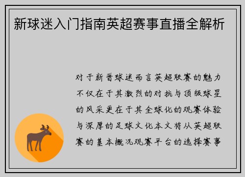 新球迷入门指南英超赛事直播全解析