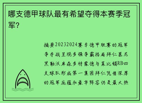 哪支德甲球队最有希望夺得本赛季冠军？