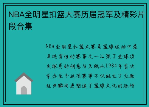 NBA全明星扣篮大赛历届冠军及精彩片段合集