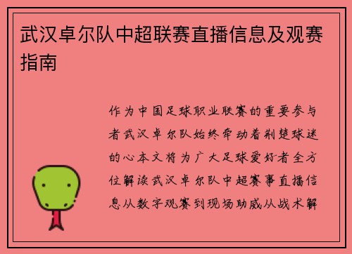 武汉卓尔队中超联赛直播信息及观赛指南